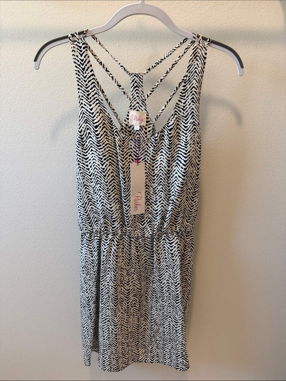 Parker Black and White Striped Chevron Silk Tank Dress NWT S